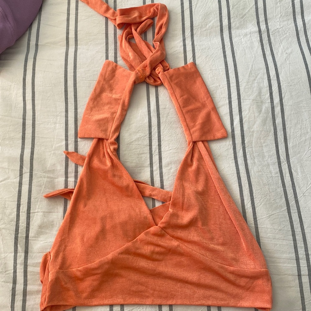 Coral, collared tie halter top.